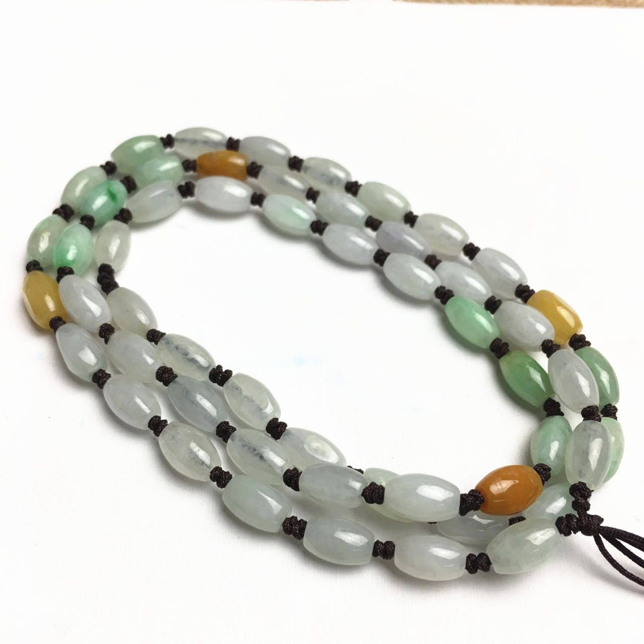 Certificated Grade A Natural Jade et Hand carved Necklace Girl Chain Jadeite Round bead Size：7*4mm Green gemstone Burma 三彩珠链