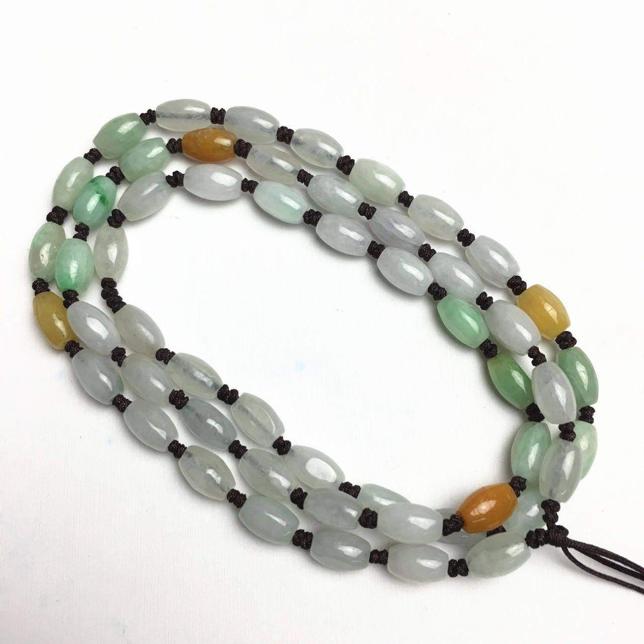 Certificated Grade A Natural Jade et Hand carved Necklace Girl Chain Jadeite Round bead Size：7*4mm Green gemstone Burma 三彩珠链