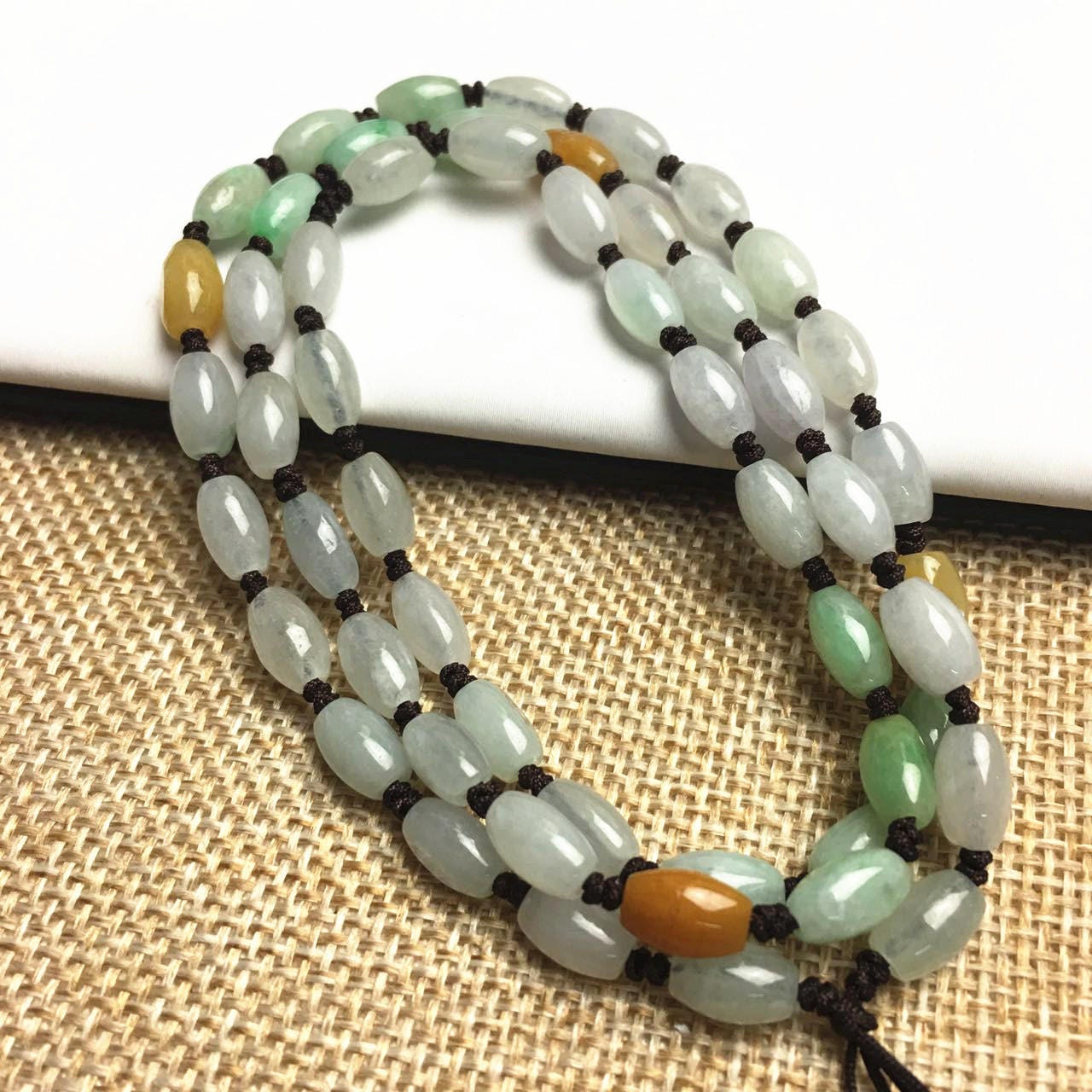 Certificated Grade A Natural Jade et Hand carved Necklace Girl Chain Jadeite Round bead Size：7*4mm Green gemstone Burma 三彩珠链