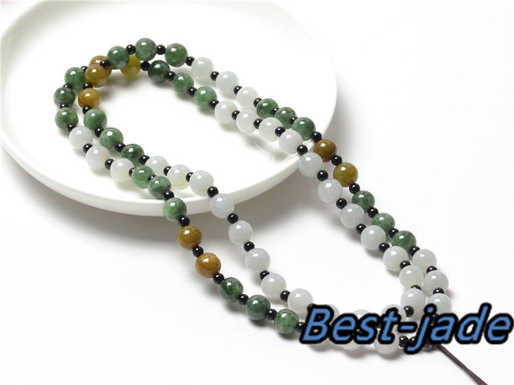 Certificated Grade A Natural Jadeite with black agate Hand carved Necklace Girl Chain Round bead Size4*4mm Green gemstone Burma 三彩珠链