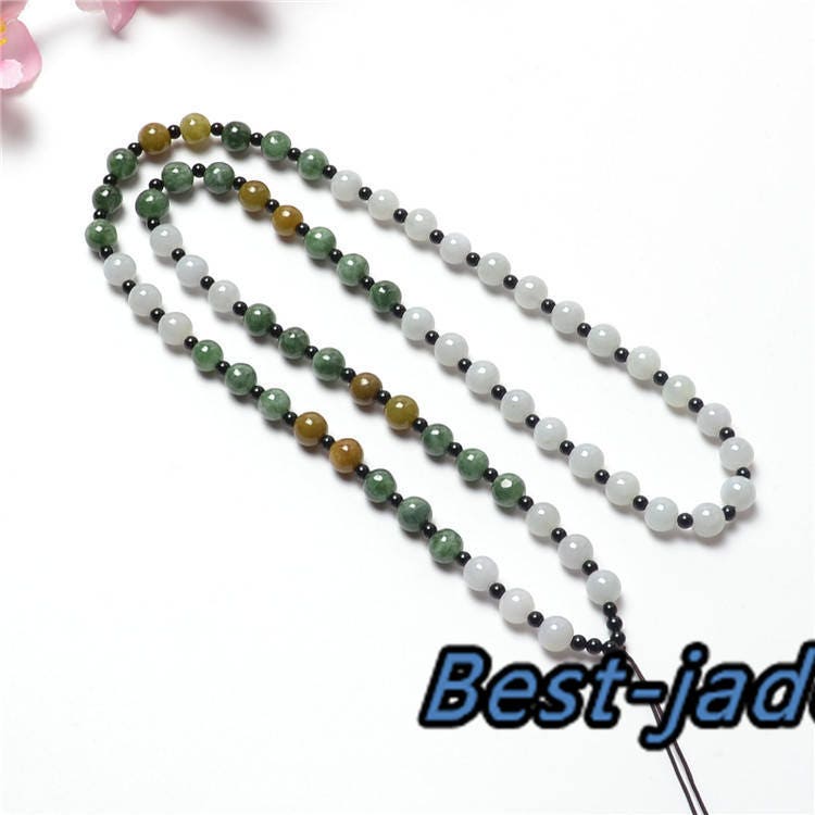 Certificated Grade A Natural Jadeite with black agate Hand carved Necklace Girl Chain Round bead Size4*4mm Green gemstone Burma 三彩珠链