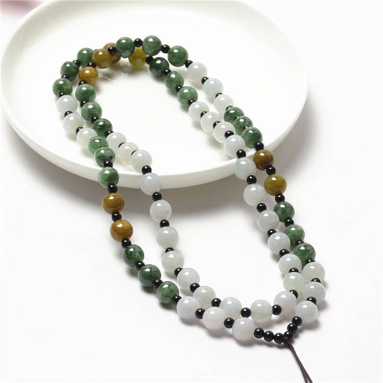 Certificated Grade A Natural Jadeite with black agate Hand carved Necklace Girl Chain Round bead Size4*4mm Green gemstone Burma 三彩珠链