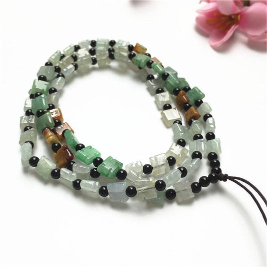 Certificated Grade A Natural Jadeite Black agate Hand carved Necklace Girl Chain Round bead Size:7*7mm Green gemstone Burma 冰种三彩珠链