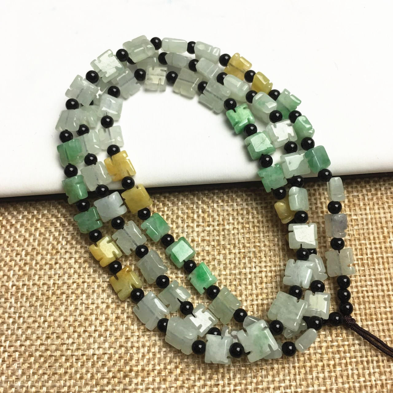 Certificated Grade A Natural Jadeite Black agate Hand carved Necklace Girl Chain Round bead Size:7*7mm Green gemstone Burma 冰种三彩珠链