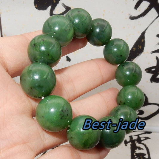 Canadian jasper Top Grade 20mm Apple Green Natural Nephrite Jade Beads Chain Hand line Men Bracelet Pounamu Maori Nephrite NZ Jade BC