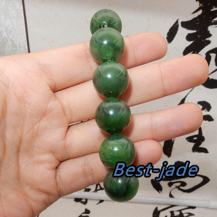 Canadian jasper Top Grade 20mm Apple Green Natural Nephrite Jade Beads Chain Hand line Men Bracelet Pounamu Maori Nephrite NZ Jade BC