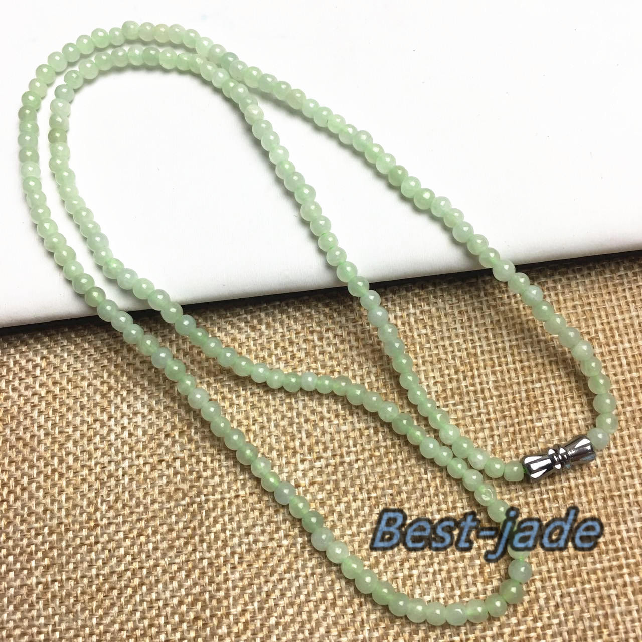 Light Green Natural Grade A Jade Hand carved Necklace Chain Burma Jadeite Round bead Size：3.5*3.5mm Green gemstone