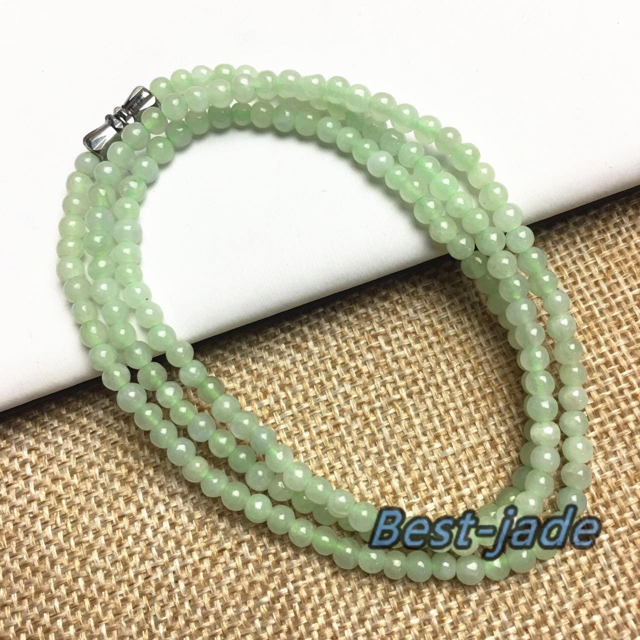 Light Green Natural Grade A Jade Hand carved Necklace Chain Burma Jadeite Round bead Size：3.5*3.5mm Green gemstone