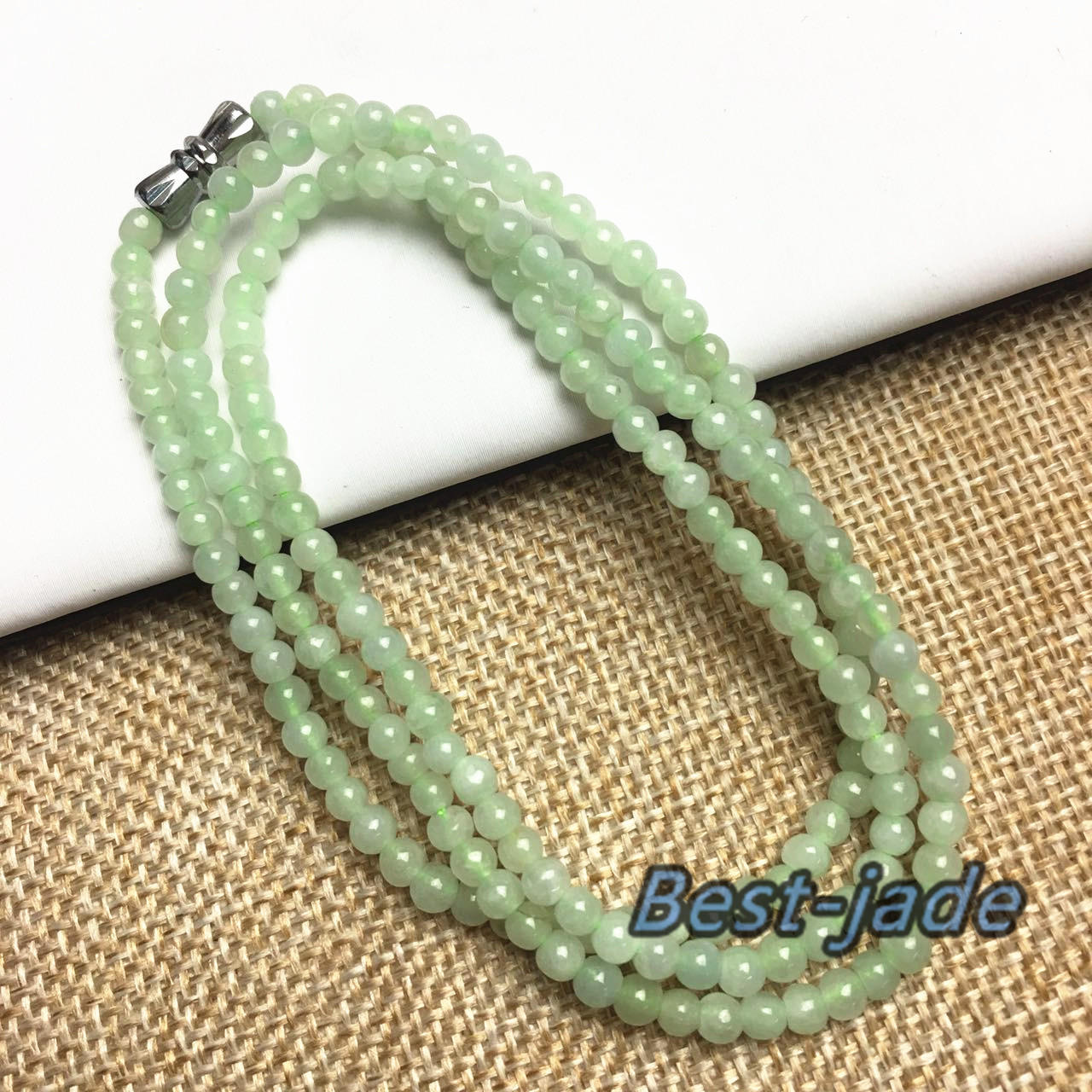 Light Green Natural Grade A Jade Hand carved Necklace Chain Burma Jadeite Round bead Size：3.5*3.5mm Green gemstone