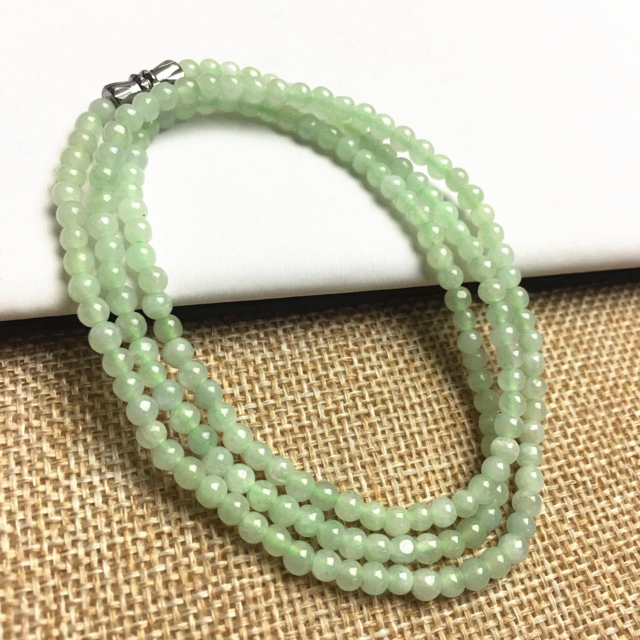 Light Green Natural Grade A Jade Hand carved Necklace Chain Burma Jadeite Round bead Size：3.5*3.5mm Green gemstone