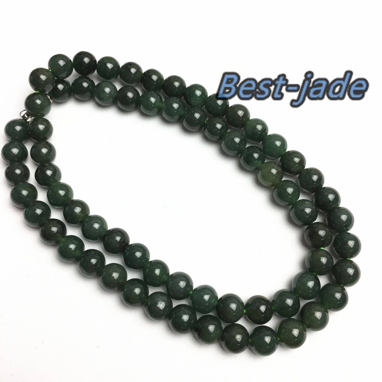 Certificated Grade A Natural Jade et Hand carved Necklace Girl Chain Jadeite Round bead Size：8mm Green gemstone Burma 老油青