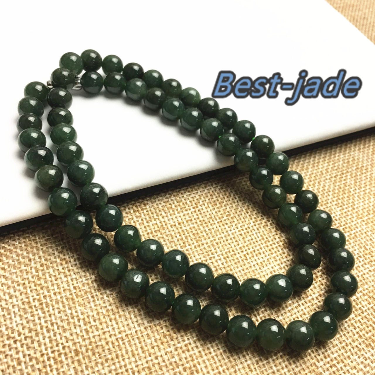 Certificated Grade A Natural Jade et Hand carved Necklace Girl Chain Jadeite Round bead Size：8mm Green gemstone Burma 老油青