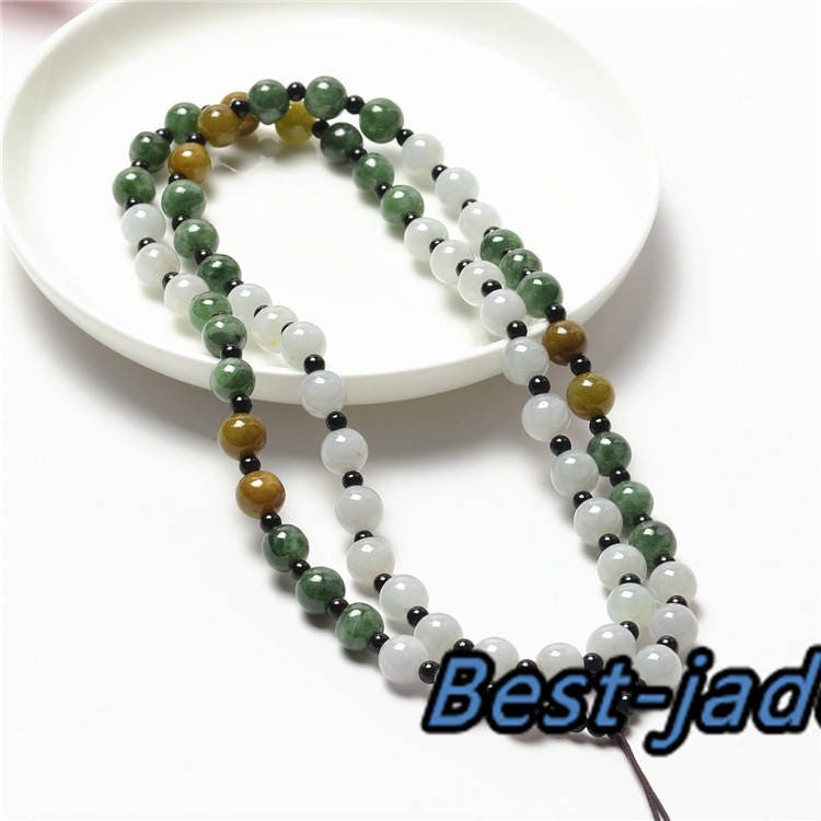 Certificated Grade A Natural Jadeite with black agate Hand carved Necklace Girl Chain Round bead Size4*4mm Green gemstone Burma 三彩珠链