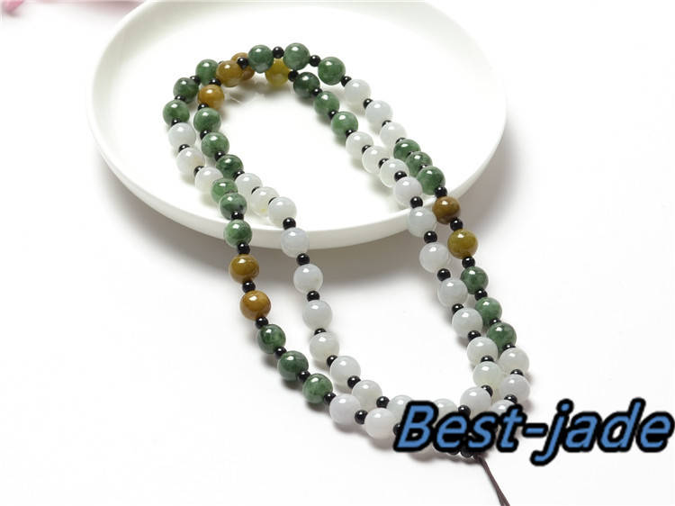 Certificated Grade A Natural Jadeite with black agate Hand carved Necklace Girl Chain Round bead Size4*4mm Green gemstone Burma 三彩珠链