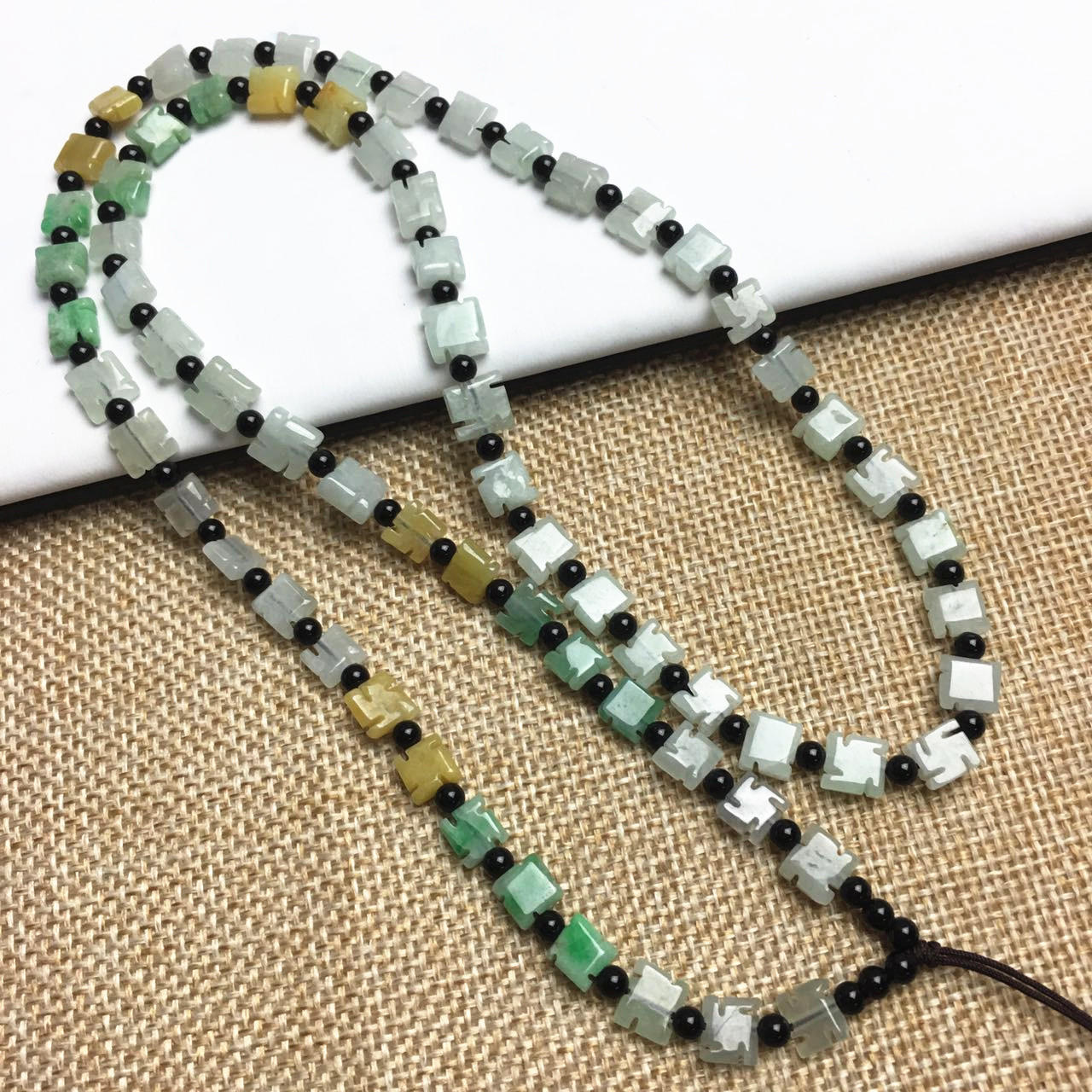 Certificated Grade A Natural Jadeite Black agate Hand carved Necklace Girl Chain Round bead Size:7*7mm Green gemstone Burma 冰种三彩珠链