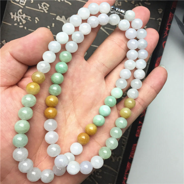 Certificated Grade A Natural Jadeite Hand weaving string Hand carved Necklace Girl Chain Round bead Size:8*8mm Green gemstone Burma 三彩珠链