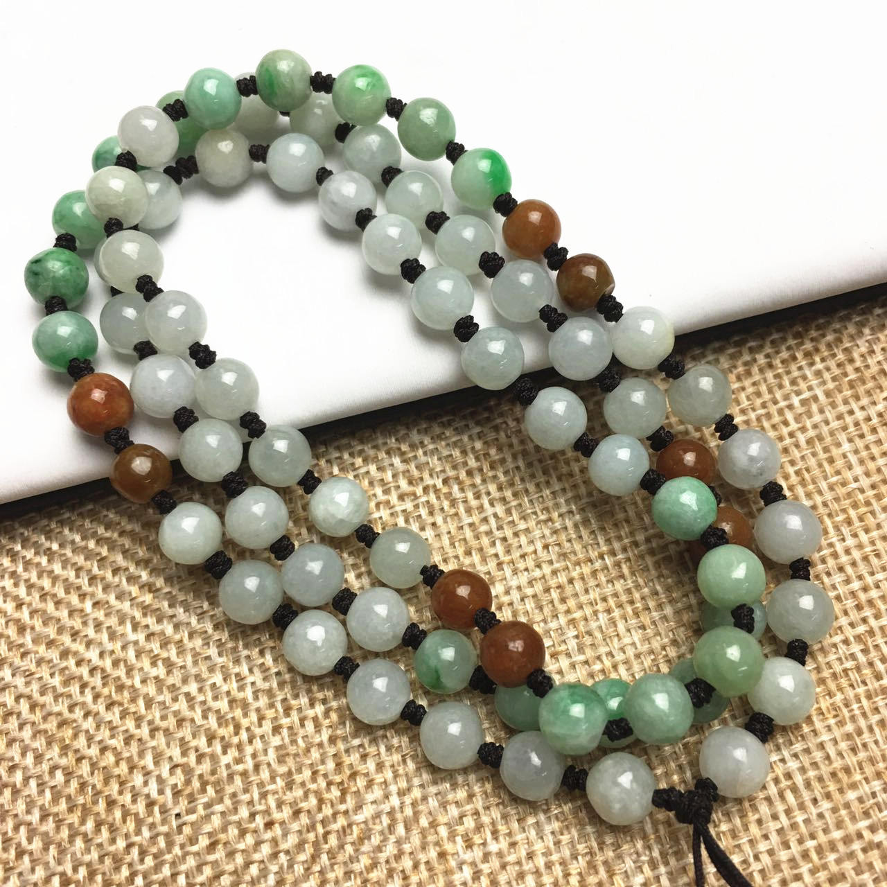 Certificated Grade A Natural Jadeite Hand weaving string Hand carved Necklace Girl Chain Round bead  Green gemstone Burma 三彩珠链