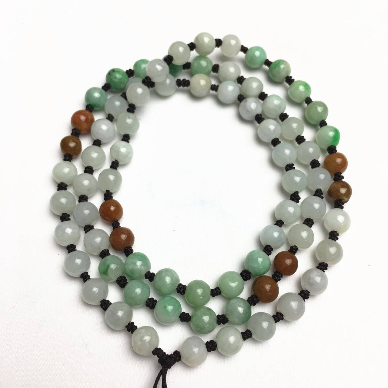 Certificated Grade A Natural Jadeite Hand weaving string Hand carved Necklace Girl Chain Round bead  Green gemstone Burma 三彩珠链