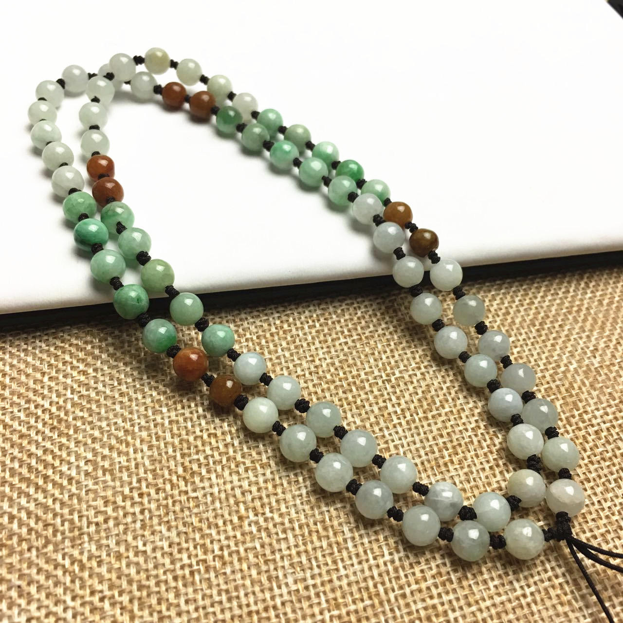 Certificated Grade A Natural Jadeite Hand weaving string Hand carved Necklace Girl Chain Round bead  Green gemstone Burma 三彩珠链