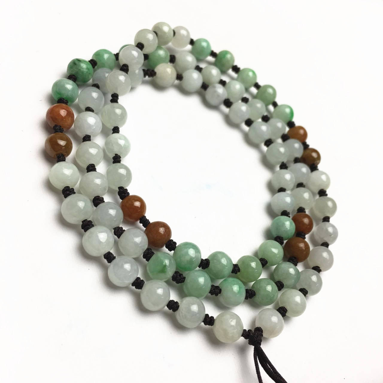 Certificated Grade A Natural Jadeite Hand weaving string Hand carved Necklace Girl Chain Round bead  Green gemstone Burma 三彩珠链