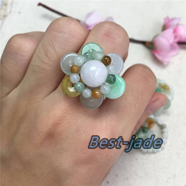 Beautiful Flower Ring Nature Grade A Jadeite  Hand carved Jade bead  Green yellow gemstone  Burma jade Lady