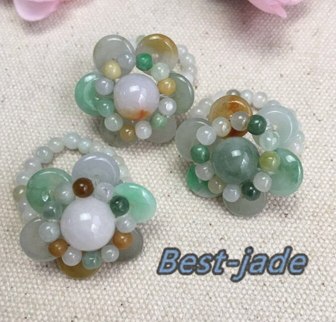 Beautiful Flower Ring Nature Grade A Jadeite  Hand carved Jade bead  Green yellow gemstone  Burma jade Lady