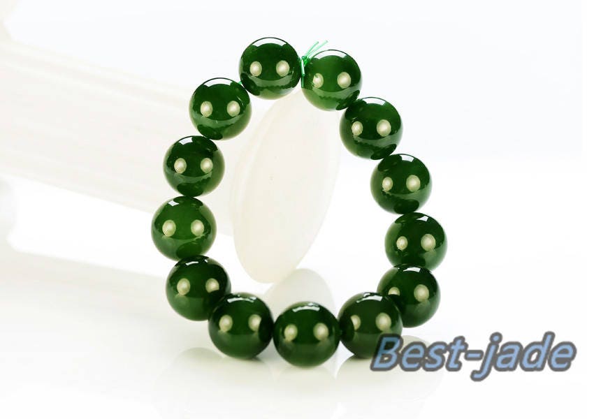 High quality Pure 16mm Grade Apple Green Nephrite Jade Beads Bangle Bracelet Pounamu Nephrite NZ Jade greenstone Ball chain Canadian jasper