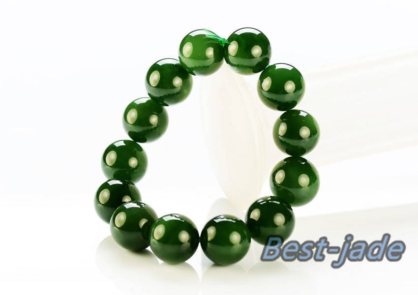 High quality Pure 16mm Grade Apple Green Nephrite Jade Beads Bangle Bracelet Pounamu Nephrite NZ Jade greenstone Ball chain Canadian jasper