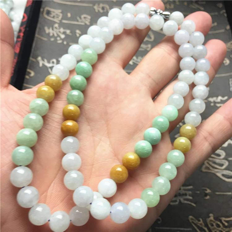 Certificated Grade A Natural Jadeite Hand weaving string Hand carved Necklace Girl Chain Round bead Size:8*8mm Green gemstone Burma 三彩珠链