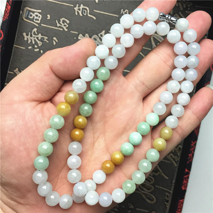 Certificated Grade A Natural Jadeite Hand weaving string Hand carved Necklace Girl Chain Round bead Size:8*8mm Green gemstone Burma 三彩珠链