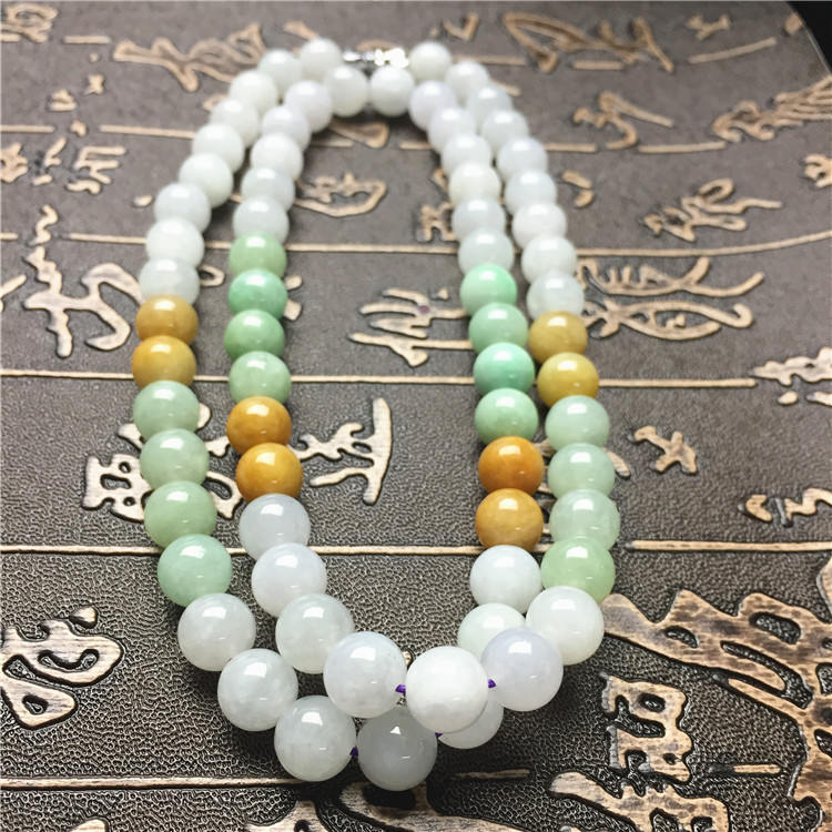 Certificated Grade A Natural Jadeite Hand weaving string Hand carved Necklace Girl Chain Round bead Size:8*8mm Green gemstone Burma 三彩珠链