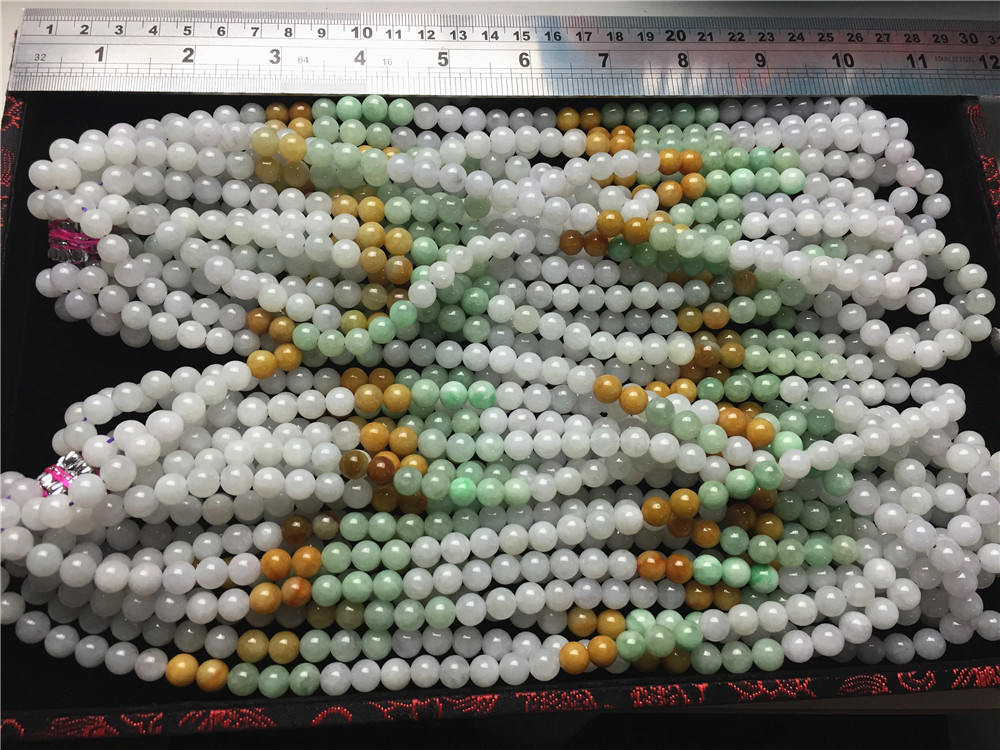 Certificated Grade A Natural Jadeite Hand weaving string Hand carved Necklace Girl Chain Round bead Size:8*8mm Green gemstone Burma 三彩珠链