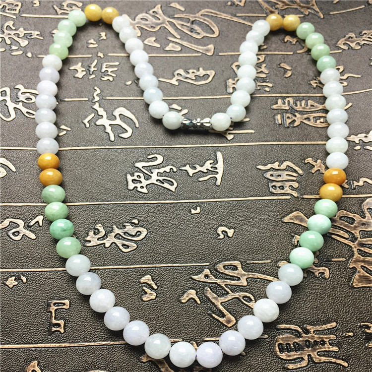 Certificated Grade A Natural Jadeite Hand weaving string Hand carved Necklace Girl Chain Round bead Size:8*8mm Green gemstone Burma 三彩珠链