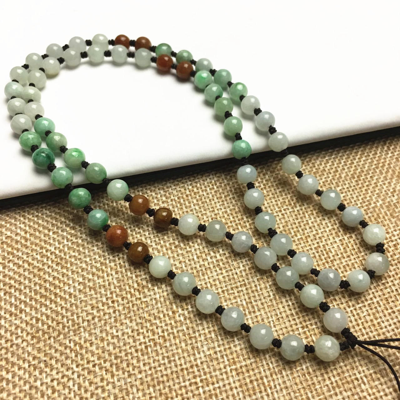 Certificated Grade A Natural Jadeite Hand weaving string Hand carved Necklace Girl Chain Round bead  Green gemstone Burma 三彩珠链