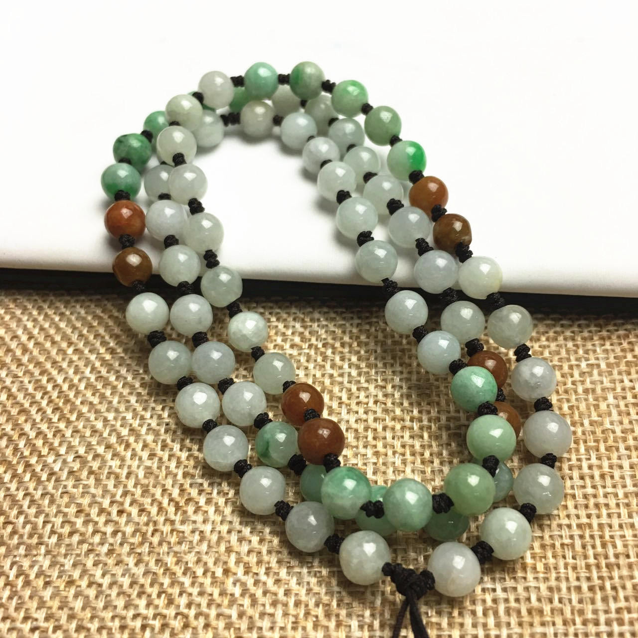 Certificated Grade A Natural Jadeite Hand weaving string Hand carved Necklace Girl Chain Round bead  Green gemstone Burma 三彩珠链