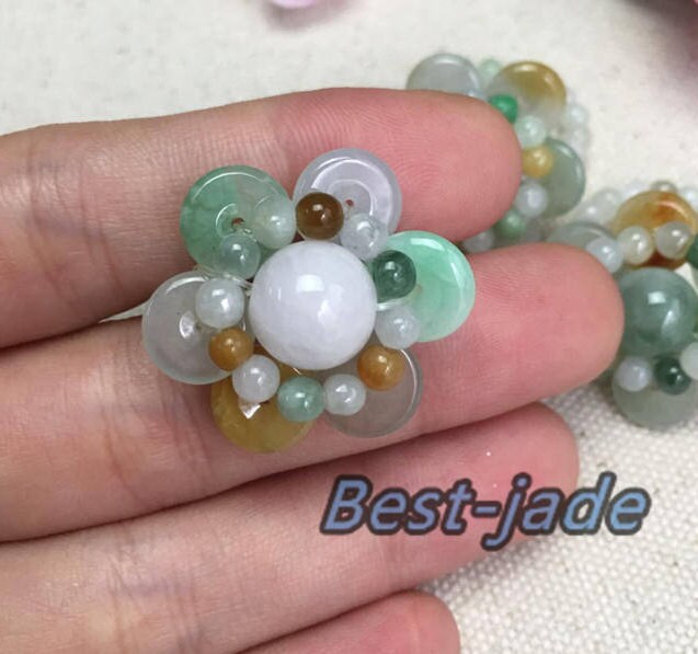 Beautiful Flower Ring Nature Grade A Jadeite  Hand carved Jade bead  Green yellow gemstone  Burma jade Lady