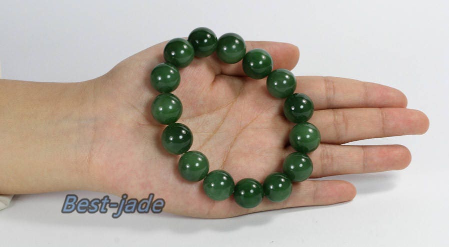 Zertifizierter Top 14 mm kanadischer Nephrit-Jade-Perlen-Armreif, Pounamu-Nephrit-Jaspis-Kugel-Womrn-BC-Kette