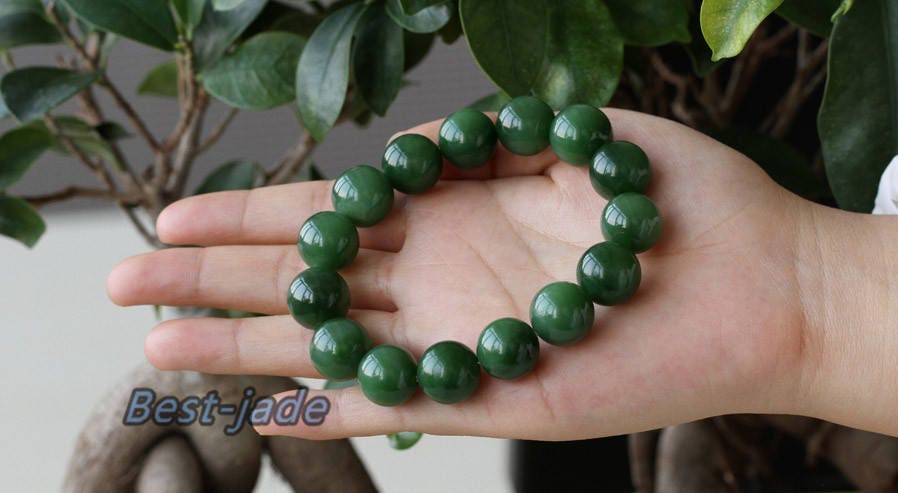 Zertifizierter Top 14 mm kanadischer Nephrit-Jade-Perlen-Armreif, Pounamu-Nephrit-Jaspis-Kugel-Womrn-BC-Kette