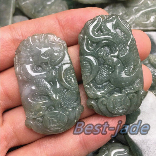 1pair  (Wholesale) Grade A Feicui Natural Grade A dragon and phoenix Green Jade ICE Jadeite Chinese Carved ,Valentine's Day Pendant