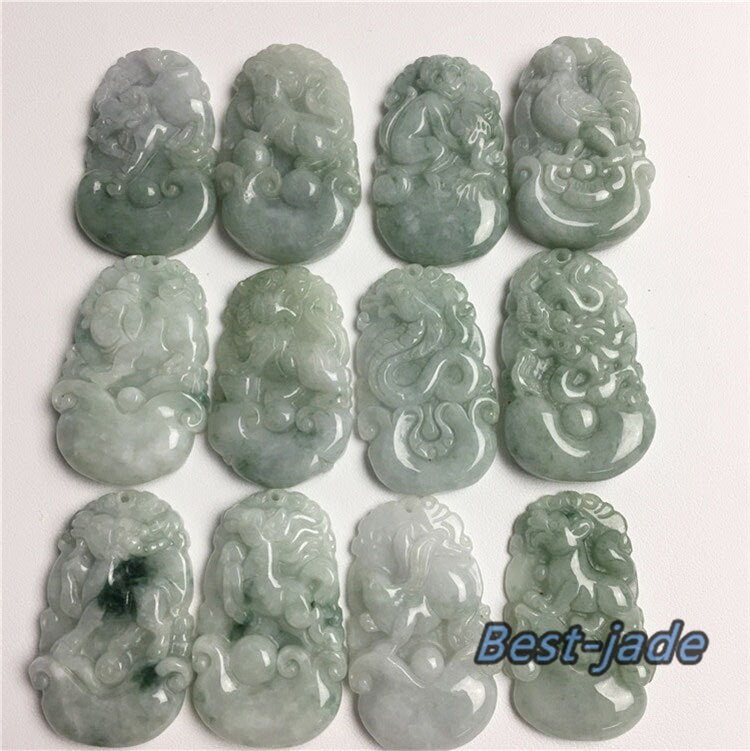 1 Set Real green Flower Chinese 12 Twelve Zodiac Ice Burma Jade Grade A Jadeite pendants Necklace  Anhänger Jewelry jade gift