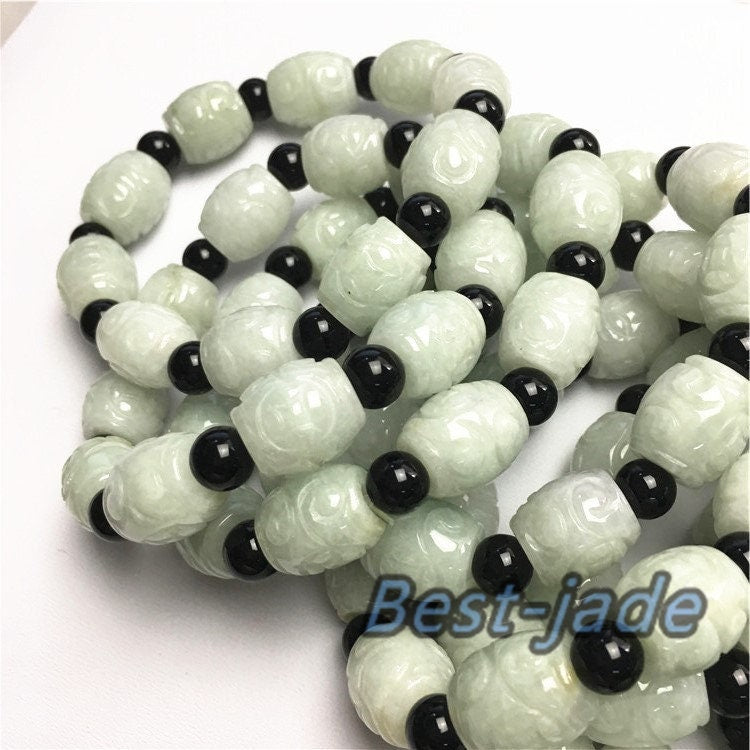 BIG beads 14mm Jade Grade A  Natural Jadeite Hand carved Jade Round bead man bangle men's Bracelet  male Chain Burma stone string rope