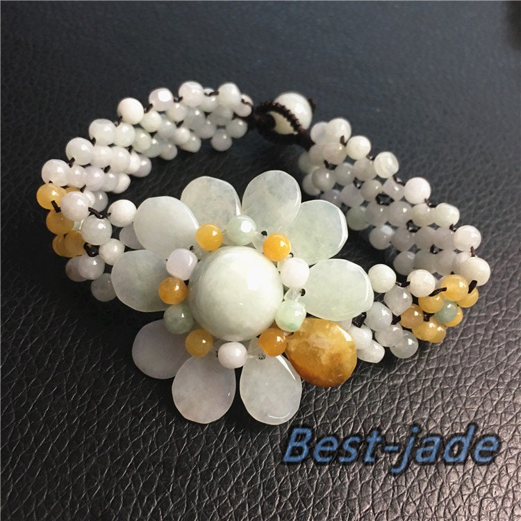 Flower Hand made Grade A Natural Jadeite Hand carved Jade bangle beads Bracelet Chain stone Armband n.  string rope Blume f.  жемчуг fleur