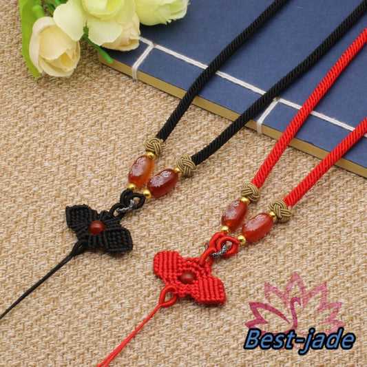 3 Colors Luck flower Necklace Hand Woven Braided Rope Lady hand String Cord Grade A jade girl strap chain Chinese Style collier Halskette f.