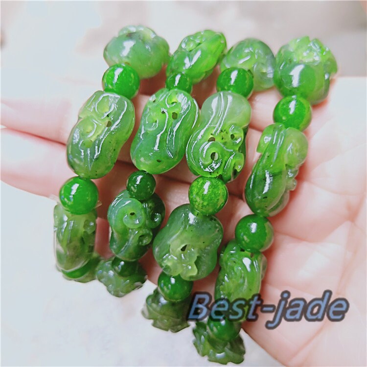 Flower Hollow beads Top Grade Apple Green stone Natural Nephrite Jade Bangle Chain Hand line Men Bracelet Pounamu Canadian jasper NZ Jade BC