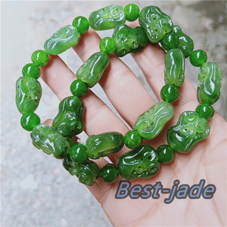 Flower Hollow beads Top Grade Apple Green stone Natural Nephrite Jade Bangle Chain Hand line Men Bracelet Pounamu Canadian jasper NZ Jade BC