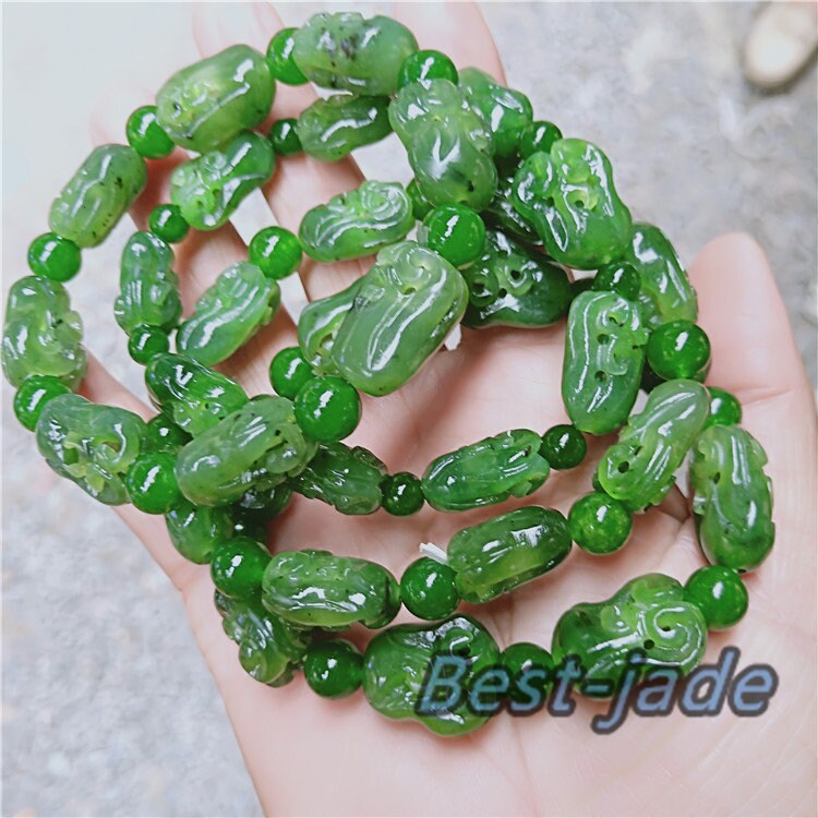 Flower Hollow beads Top Grade Apple Green stone Natural Nephrite Jade Bangle Chain Hand line Men Bracelet Pounamu Canadian jasper NZ Jade BC