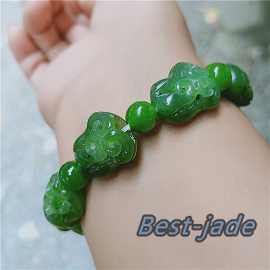 Flower Hollow beads Top Grade Apple Green stone Natural Nephrite Jade Bangle Chain Hand line Men Bracelet Pounamu Canadian jasper NZ Jade BC