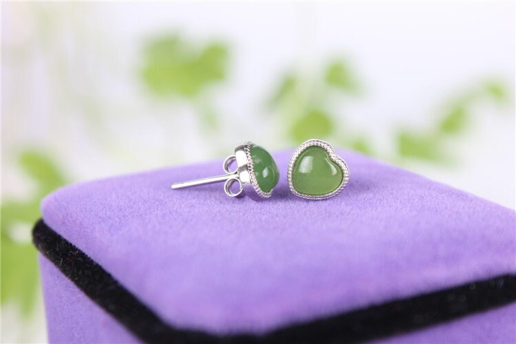 Heart Ear Stud Natural Nephrite Earrings Canadian Jade 925S  Greenstone BC Jasper NZ jade Maori Pounamu Ohrringe Oreille clou Brincos Серьги