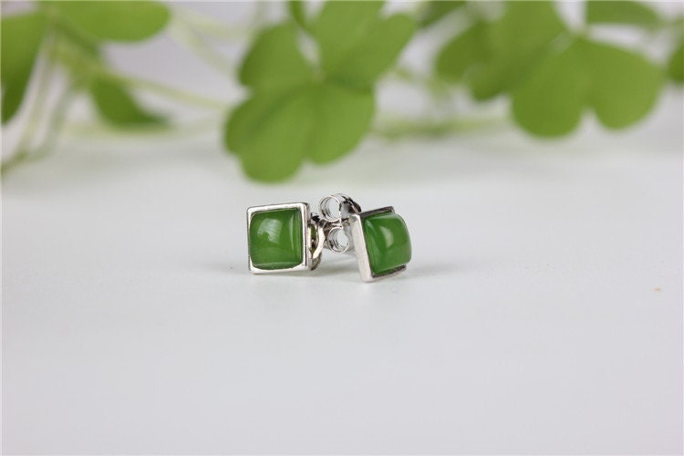 Square Ear Stud Natural Nephrite Earrings Canadian Jade 925S  Greenstone  Jasper NZ jade Maori Pounamu Ohrringe Oreille clou Brincos Серьги