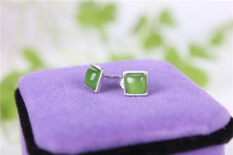 Square Ear Stud Natural Nephrite Earrings Canadian Jade 925S  Greenstone  Jasper NZ jade Maori Pounamu Ohrringe Oreille clou Brincos Серьги